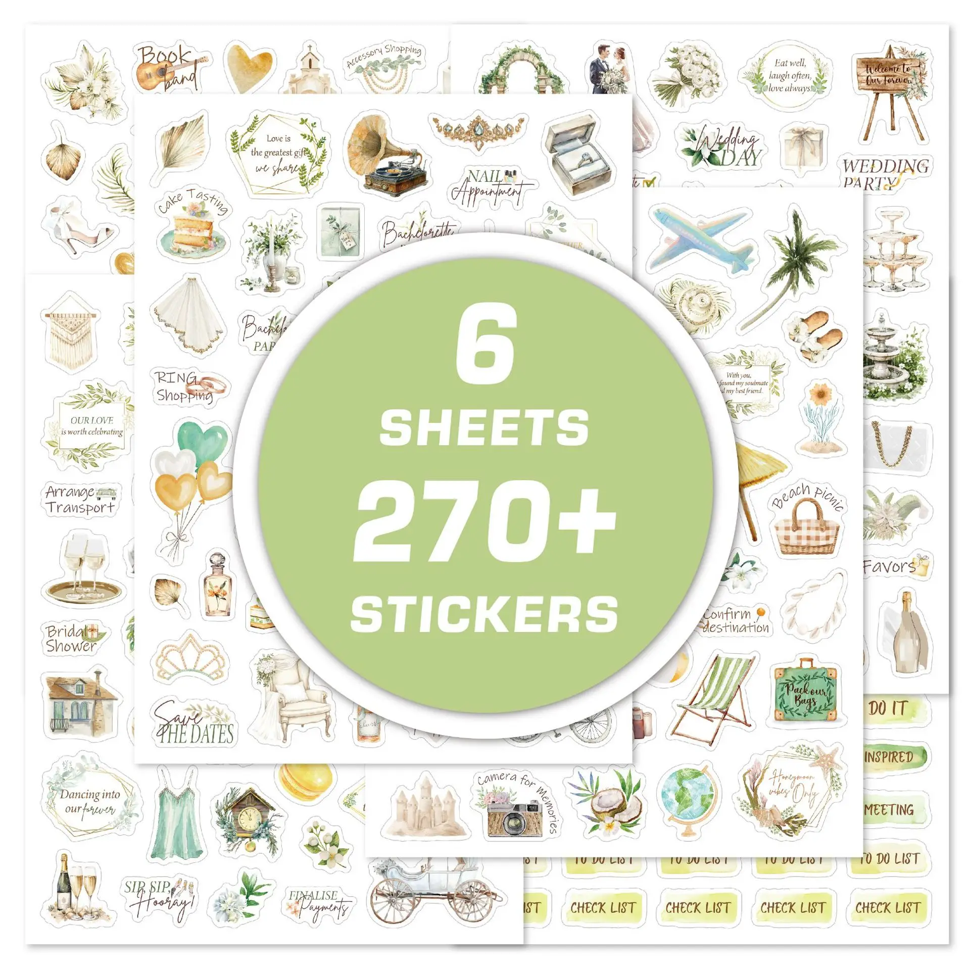 

270 шт./6 листов, милые свадебные наклейки для планирования, виниловые наклейки для помолвки, планировщика для свадьбы, вечеринки, скрапбукинга