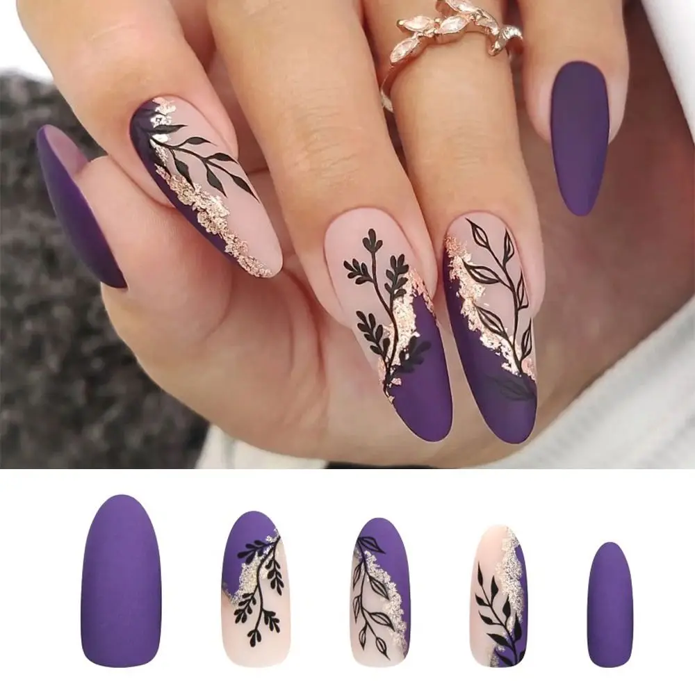 Manicure Long Oval False Nails French Purple Leaf Press on Nails Gold Glitter Detachable Fake Nials DIY