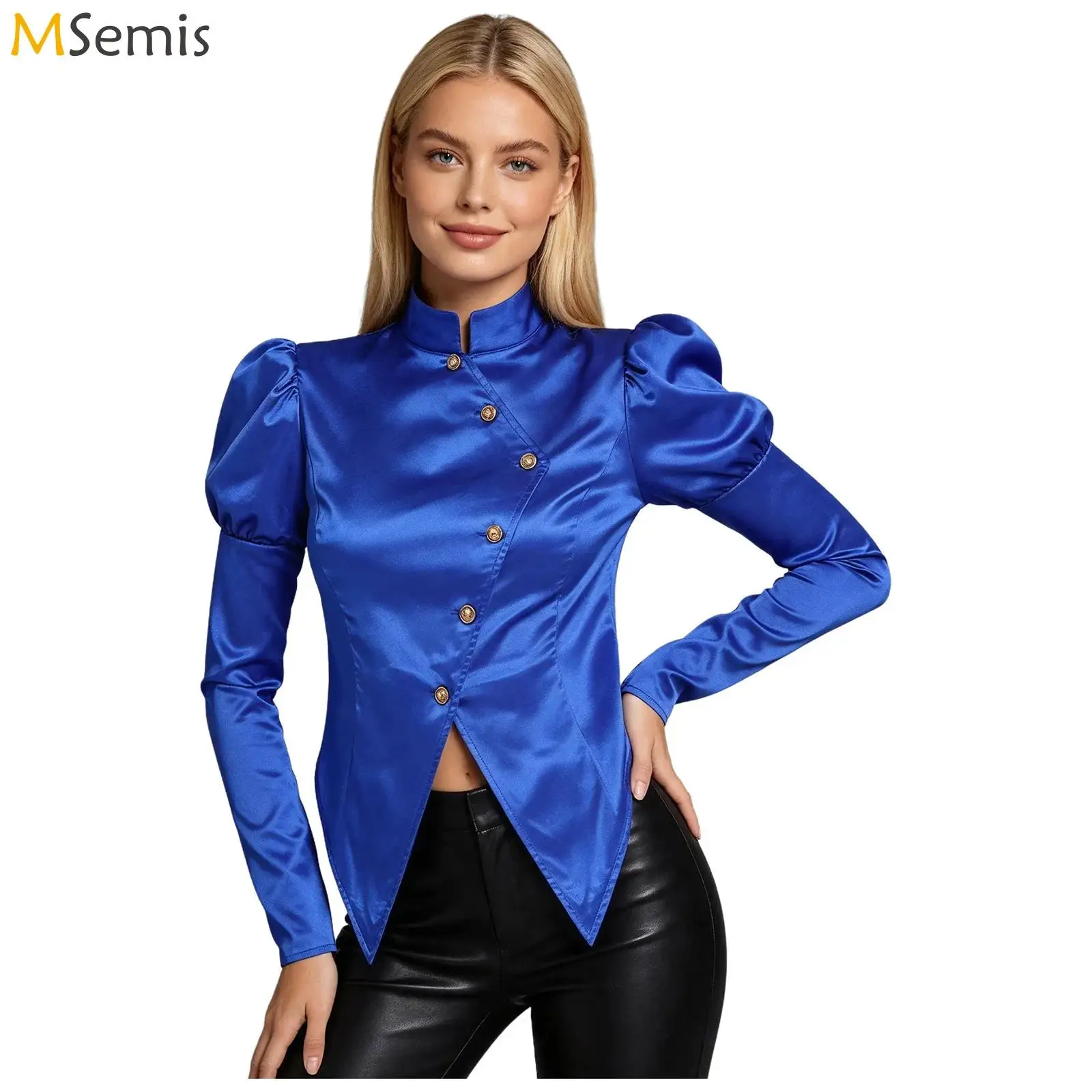 Women Showman Ringmaster Satin Top Glossy Circus Show Satin Blazer Puff Sleeve Button Front Pointed Hem Christmas Theater Outfit