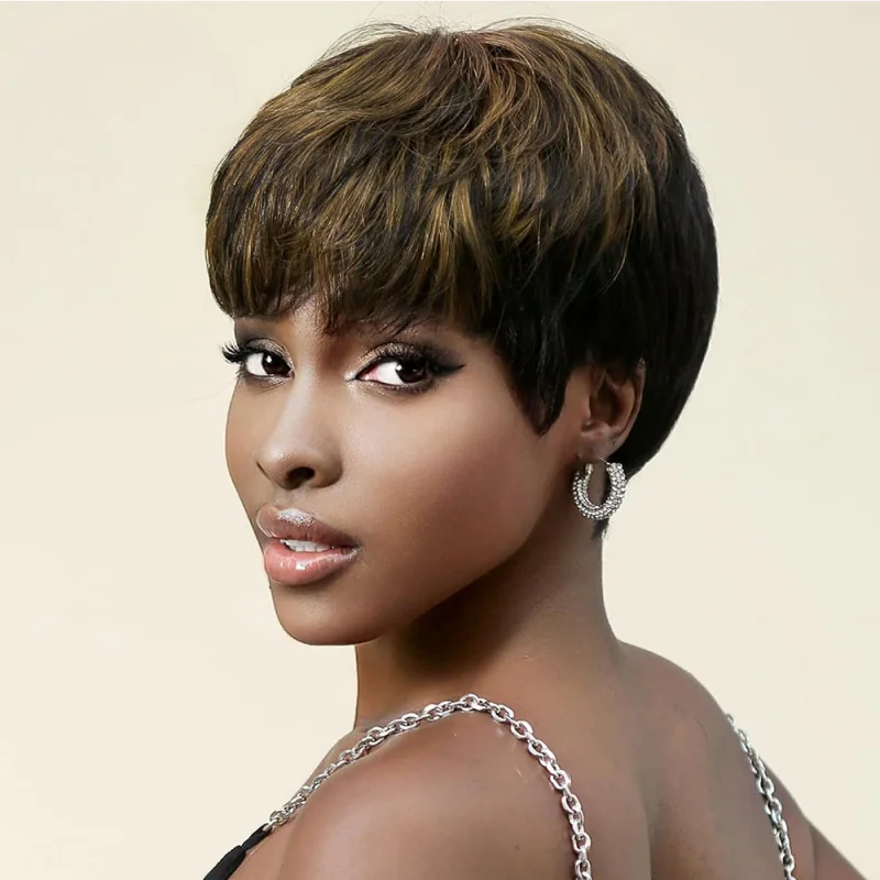 

European and American mixed-color short straight hair for women, synthetic fiber with bangs, pixie wigs