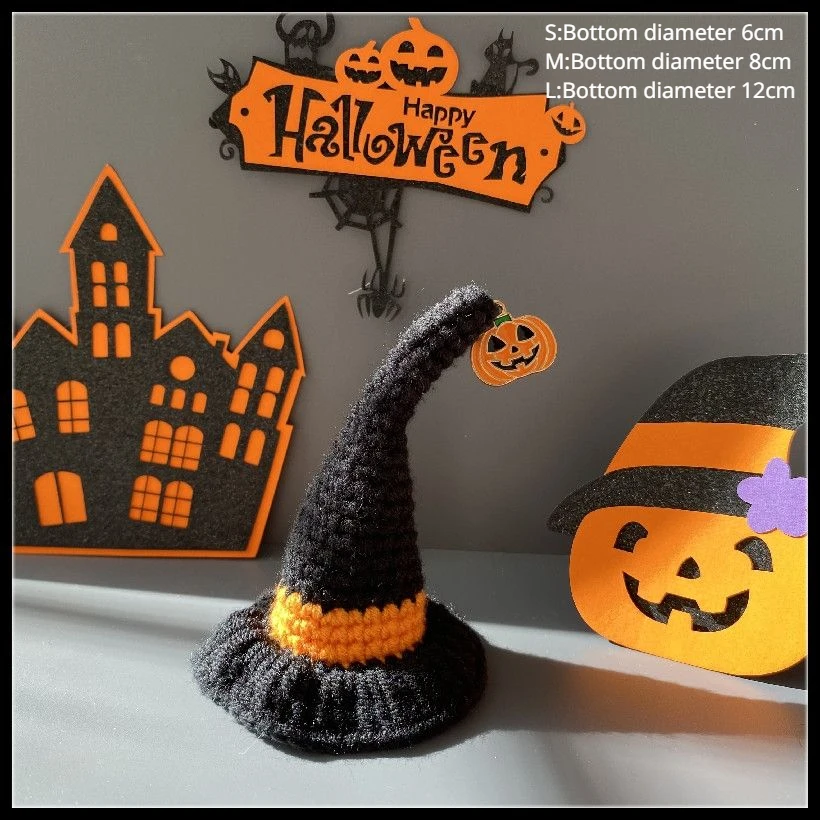 Halloween Witch Hat Black Handmade Crochet Doll Pet Cat Funny Creative Photo Dog Cute Pumpkin Finished Decorative Accessories