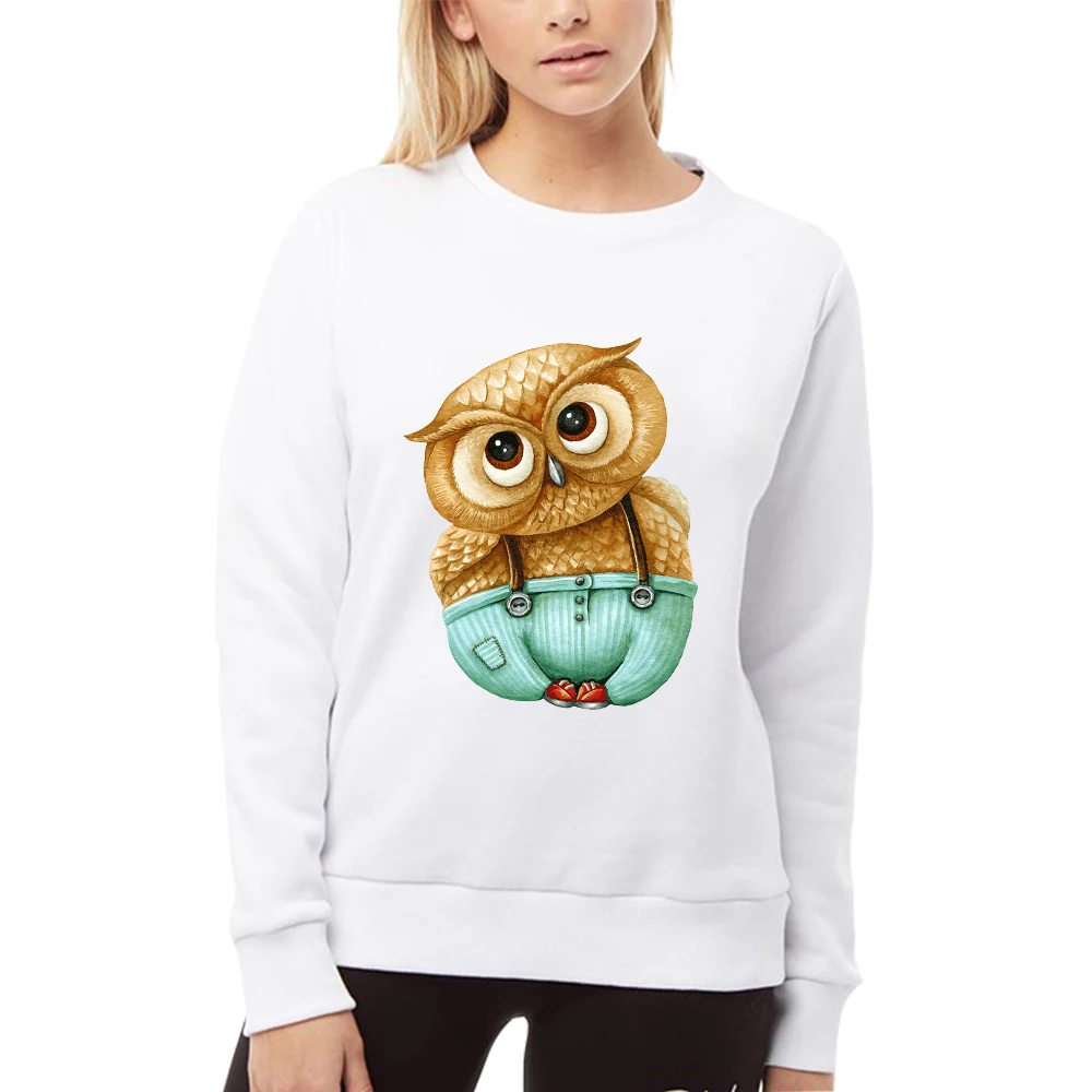 HX Women Sweatshirt Funny Cute Animal Owl Sticker Printed Tops Sportshirts Long Sleeve Casual Shirts Unisex Streetwear S-7XL