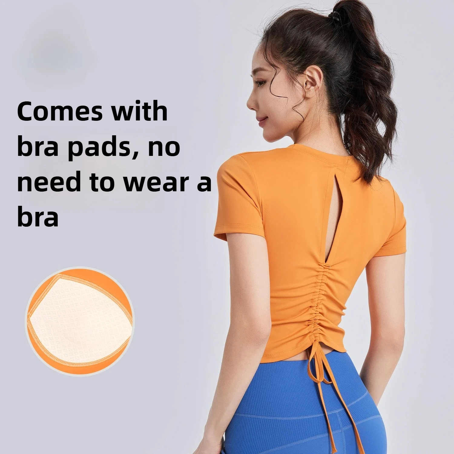 New Drawstring Beautiful Back Pleated Yoga Clothes Short-sleeved Women's One Cup with Chest Pad Fitness Sports Top