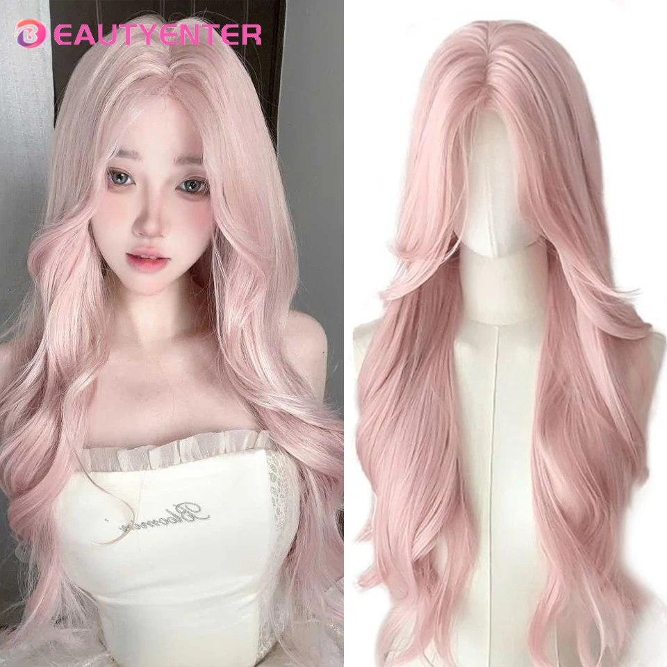 BEAUTYCODE Synthetic wig Long Pink Womens Wigs With Bangs Heat Resistant Kinky Curly Orange Gold Cos Play Lolita Wigs for Women