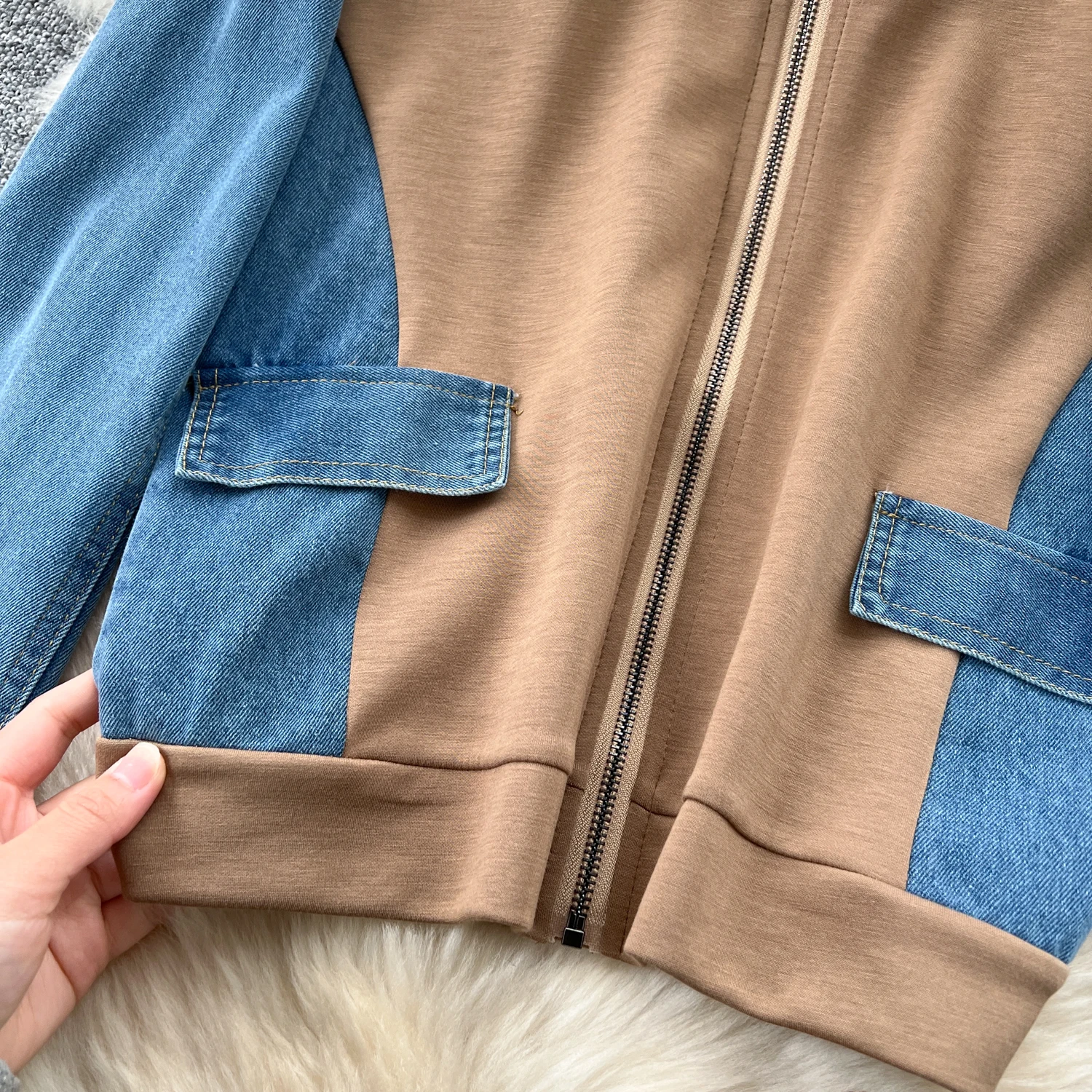 Costume décontracté à la mode, épissage contrasté, col montant, fermeture éclair, taille haute, pantalon en Denim à jambes larges, ensembles 2 pièces, tenues pour femmes