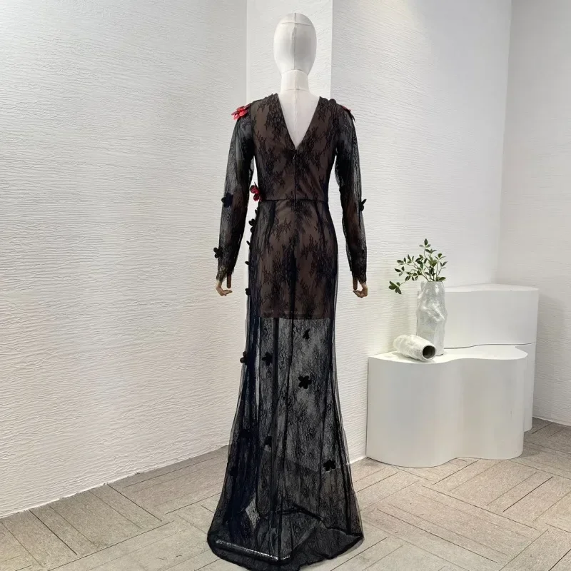 Ladies' Black Red Sequins Flowers V Back Lace Patchwork New Fashion Style Cotton  Hot 2024 Maxi Dresses for Party