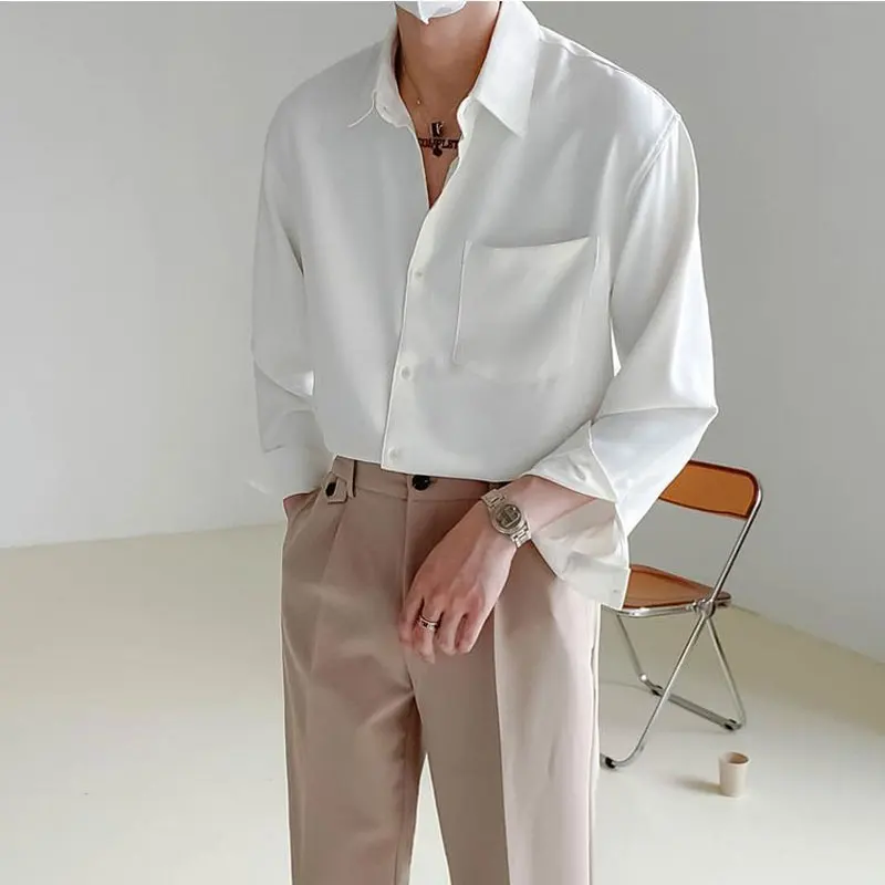Camisa de manga larga de Color sólido para hombre, POLO con cuello de botonadura única, suelta, informal, moda coreana, primavera y otoño, nueva