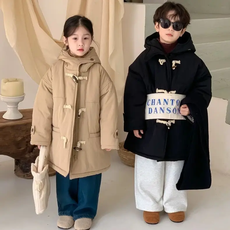 

Korean Kids Cotton Clothing Winter Boys Girls Children Cotton Padded Coat Thicken Hooded Jacket Casual Mid Long Parkas Warmth