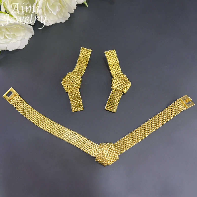 Dubai 18K Gold Earrings Necklace Bracelet Jewelry Set Fashion Women Africa Luxury Punk Jewellery Choker Wholesale Accessaries