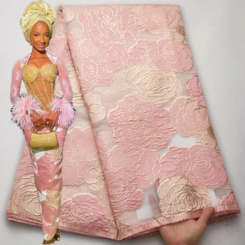 แอฟริกาไนจีเรีย Jacquard Tulle ผ้าลูกไม้2022คุณภาพสูง5หลาเย็บปักถักร้อยผ้าภาษาฝรั่งเศส Gold Line Laces สำหรับชุด2731A