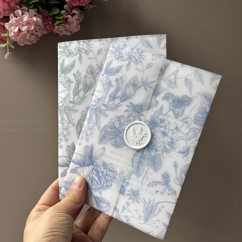 25pcs Blue green or pink flower Vellum  Wrap suitable for a 5 x 7 Wedding Invitation