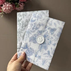 25pcs Blue green or pink flower Vellum  Wrap suitable for a 5 x 7 Wedding Invitation