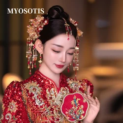 Classical Chinese style Red Flower Hanfu Xiuhe Hairpins Handmade Forehead Pendent Taseel Wedding Hair Accessories