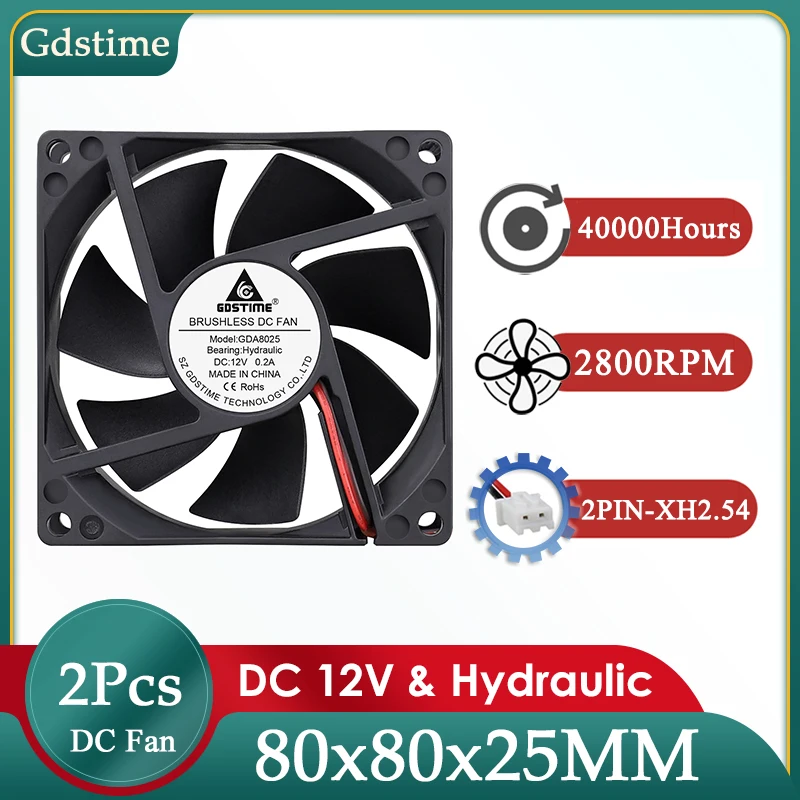 

2Pcs Gdstime вентилятор DC 12V 80MM*25MM бесщеточный вентилятор охлаждения 80MM компьютер охлаждения док вентилятор 8025 кулер для ПК случае CPU&GPU охлаждения