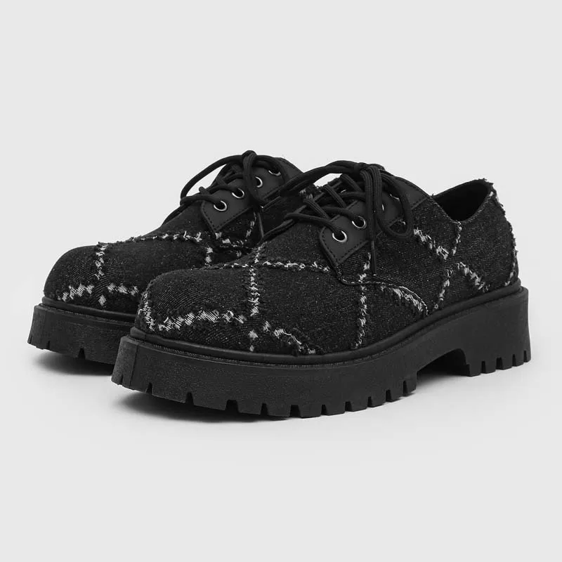 Men's British Style Derby Models Increase in Height Thick Soles Big Heads Commuting Denim Destruction Wind Tooling Casual Shoes