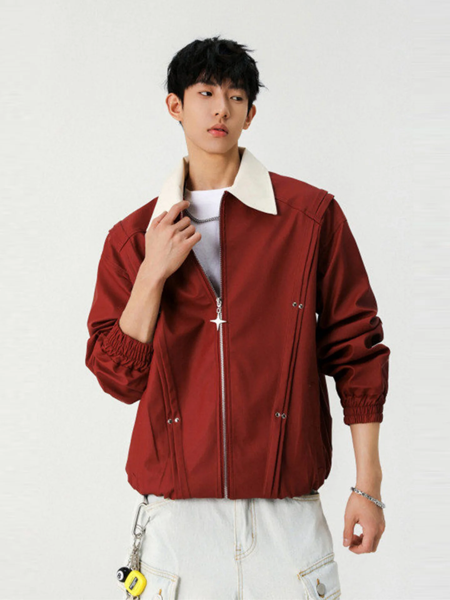 

Red Men's Folded Design Harrington Jaet American Retro Cleanfit Collar Trendy Autumn Outerwear Long Sve Zipper Closure