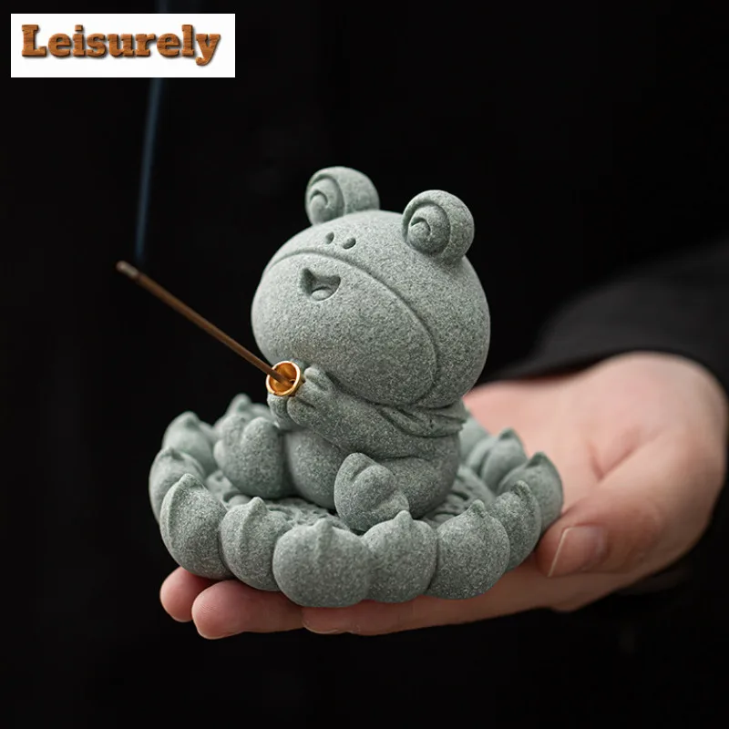

Green Sandstone Lotus Root Big Eyed Frog Tea Pet Incense Holder Zen Garden Incense Burners Meditation Censer Yoga Ornaments Gift