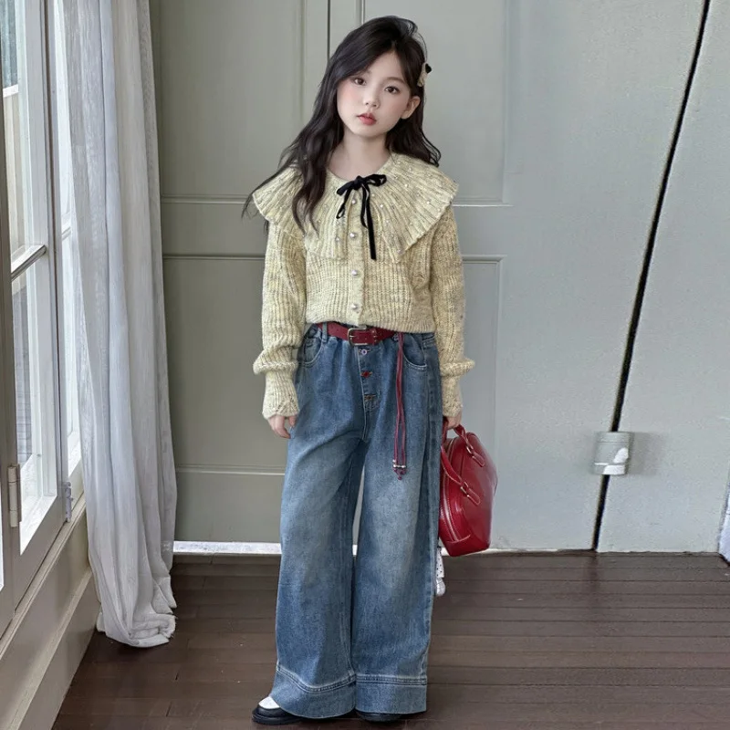 2025-autunno-junior-girls-2-pezzi-set-bambini-ragazze-bowknot-risvolto-maglione-lavorato-a-maglia-ragazze-della-scuola-gamba-dritta-jean-4-14y-ragazze-outfit