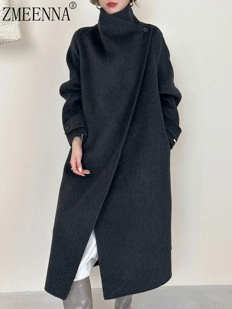 

ZMEENNA женское асимметричное шерстяное пальто с высоким воротом, шикарная длинная зимняя куртка с застежкой на одной пуговице ZM4016