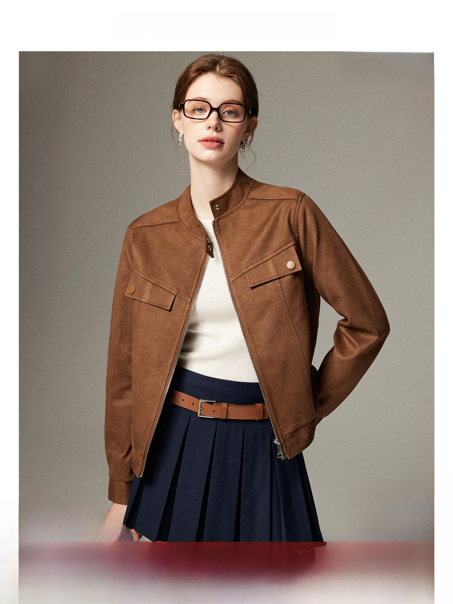 

Женская замшевая куртка с воротником-стойкой, свободного кроя, весна 2026, в стиле ретро, для повседневной носки, из полиэфирного волокна, с длинными рукавами, на молнии