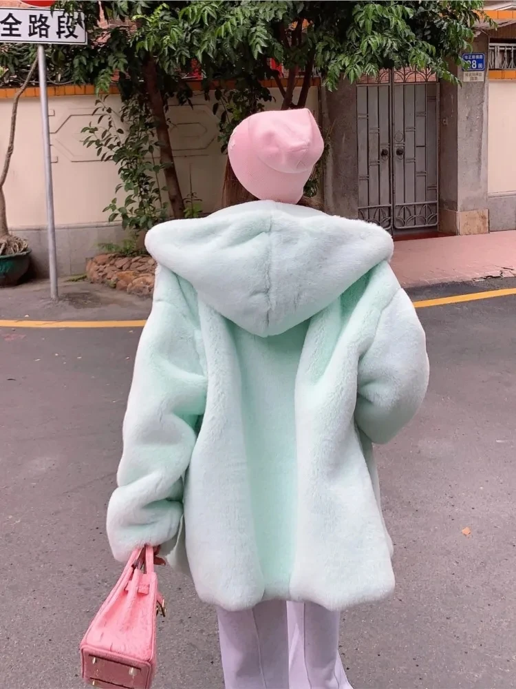 Süße rosa Pelz mäntel Frauen weibliche Winter dicke warme Streetwears koreanische Straße Kapuze Mode Plüsch jacke Oberbekleidung