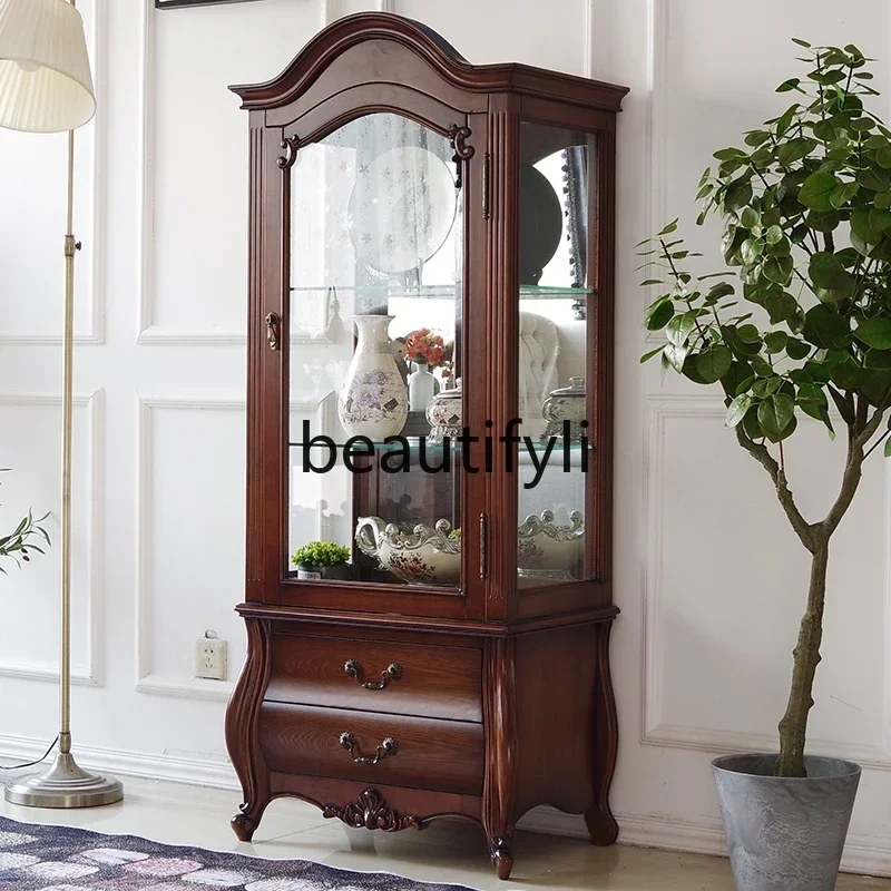 A139 American solid wood glass decorative display cabinet European single door living room classic wine cabinet modern retro