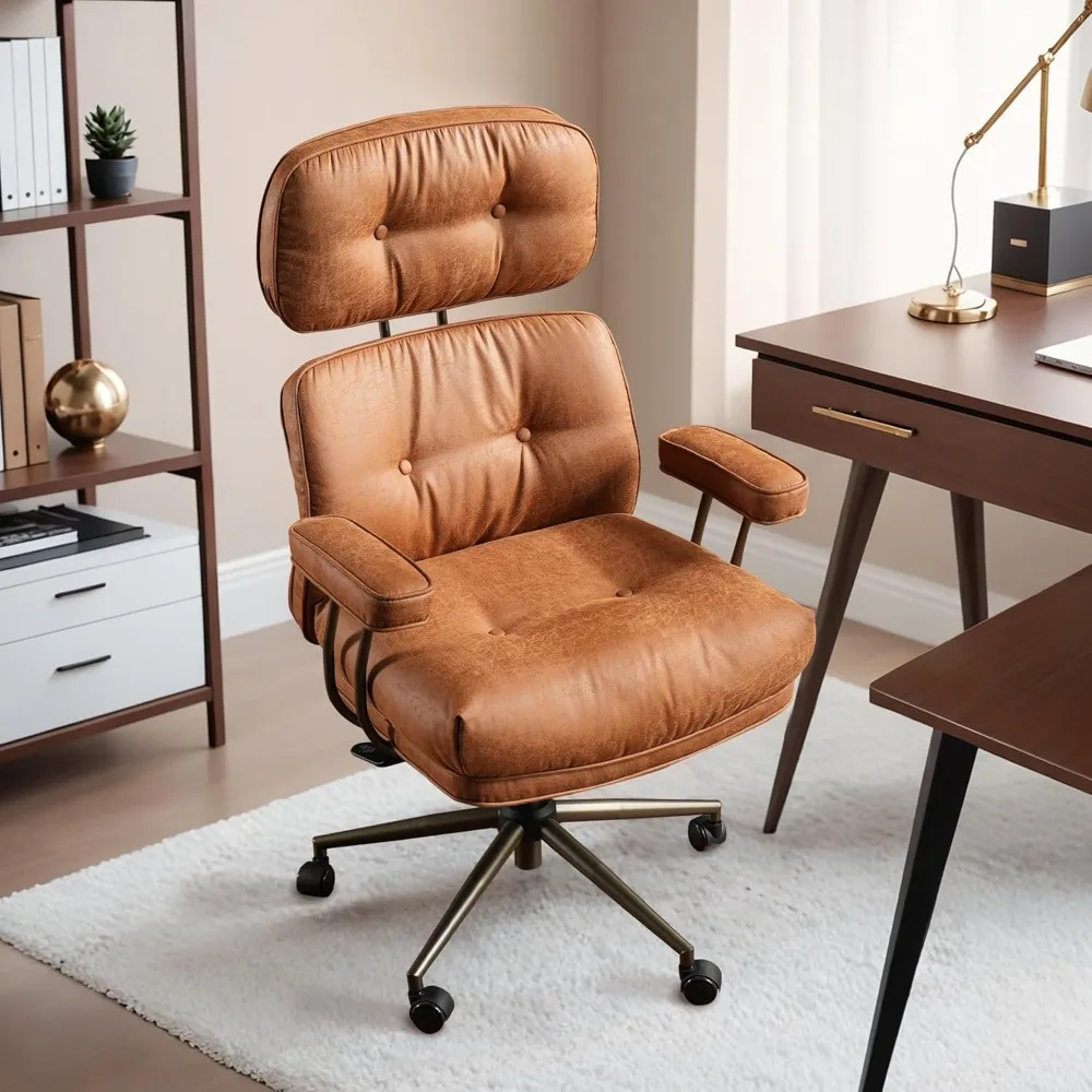 

mid-century modern ergonomic office chair: wide, plush executive seat with lumbar support in suede leather light brown