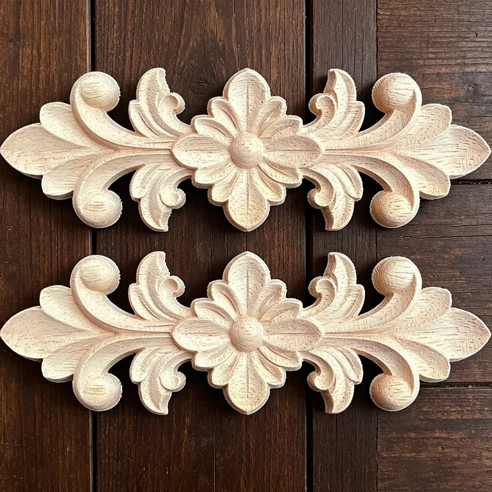10PCS 15cm Carving Natural Wood Appliques for Furniture Cabinet Unpainted Wooden Mouldings Decal Vintage Home Decor Decorative