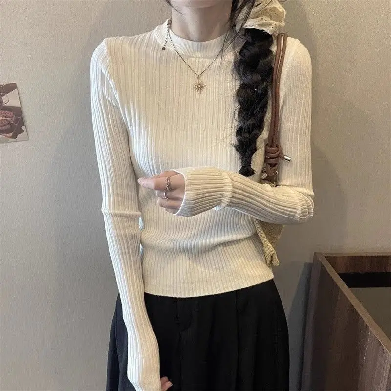 

Basic Korean Slim Pullovers Spring Autumn Solid Color Women's Clothing Casual Round Neck Knitted Commute Long Sleeve T-shirt New