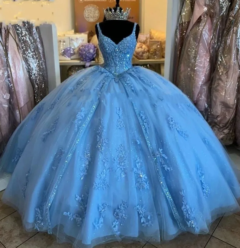 Aangepaste Nieuwe Sweet 16 Prinses Kralen Quinceanera Jurken 2024 Spaghettibandjes Blauwe Baljurk Jurk Gala Vestido De 15 Anos