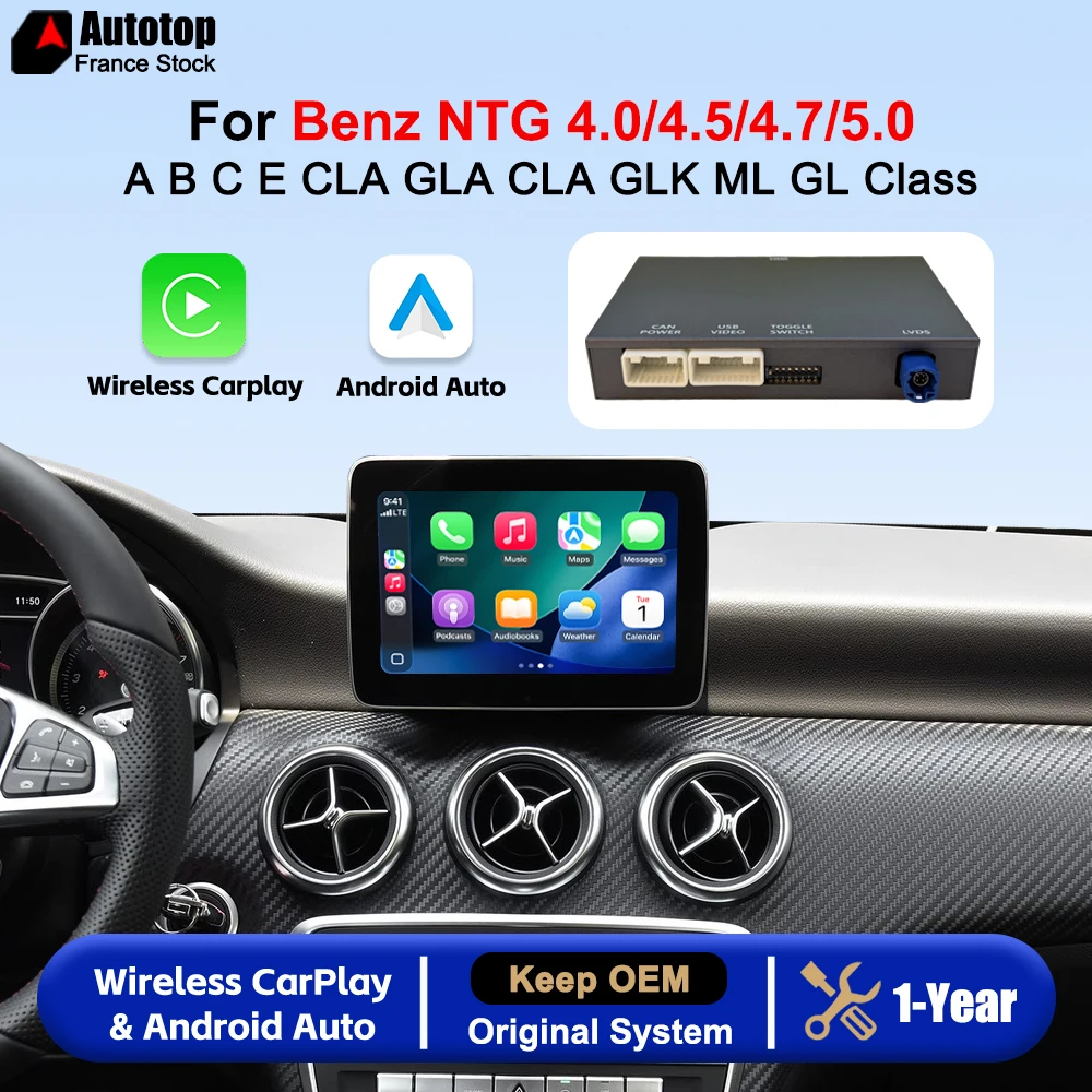 Modulo Interfaccia Wireless CarPlay Android Auto per Benz Classe A B C E CLA CLS GLA GLK ML GL W207 W212 W204 X204 C117 W218 NTG4.0 NTG4.5/4.7 NTG5.0 con Adattatore Carplay Bluetooth Airplay Mirror