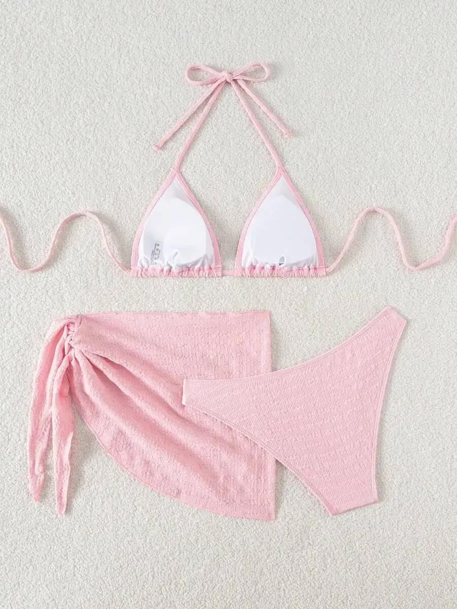 Swim Basics Conjunto de 3 piezas para mujer, traje de baño de color liso con cuello halter, parte inferior de bikini triangular, conjunto de traje de baño con falda para el verano