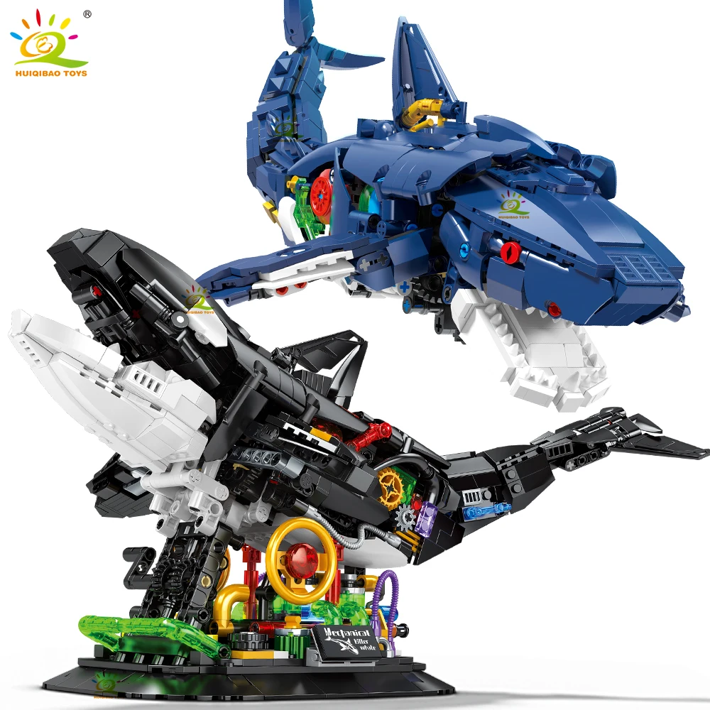 

Конструктор HUIQIBAO MOC: Кит-убийца и акула с подставкой для демонстрации, модель животного, сборные блоки, набор игрушек для детей, подарок