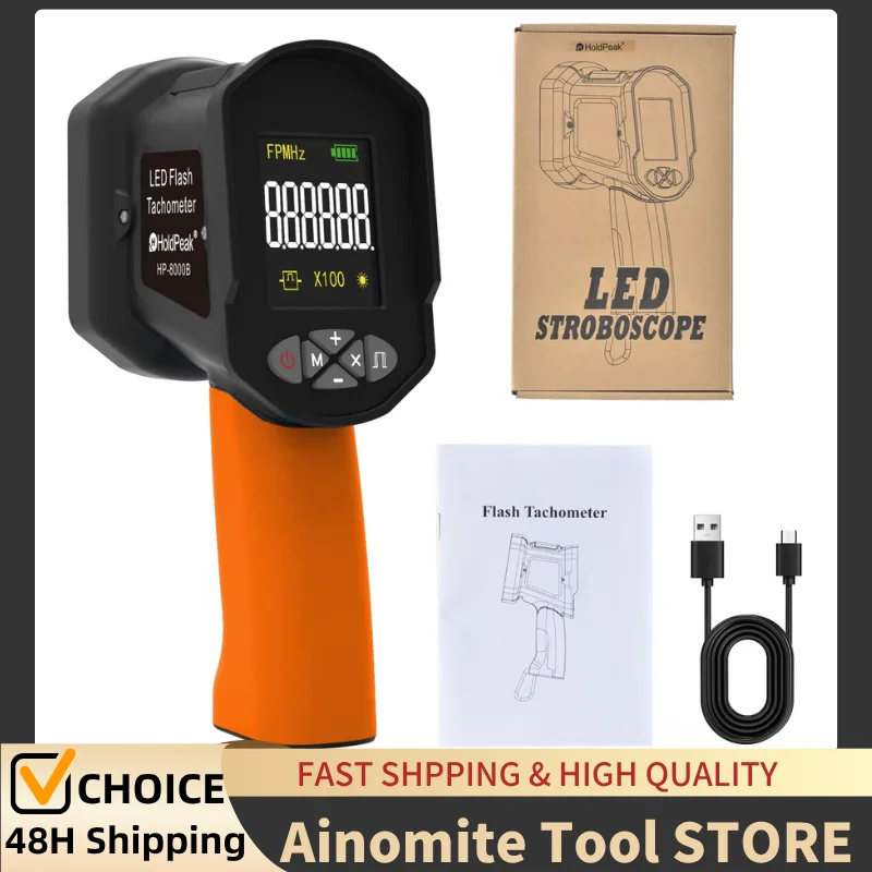 

Handheld Digital Tachometer & Strobe - Non-Contact LED, 60-10,000 RPM, Phase Adjustment, 0.001% Precision for Generators,Fans