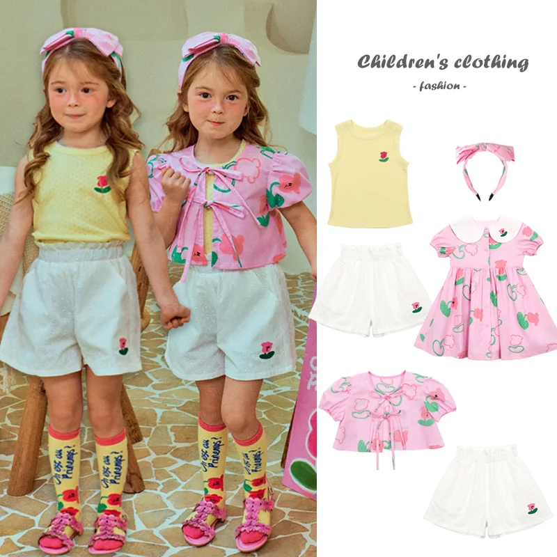 

2025 New Korean Summer Dress Kawaii Embroidered Girl Princess Skirt Cotton Pink Shirt Girl Tank Top Shorts Baby Outfit Set