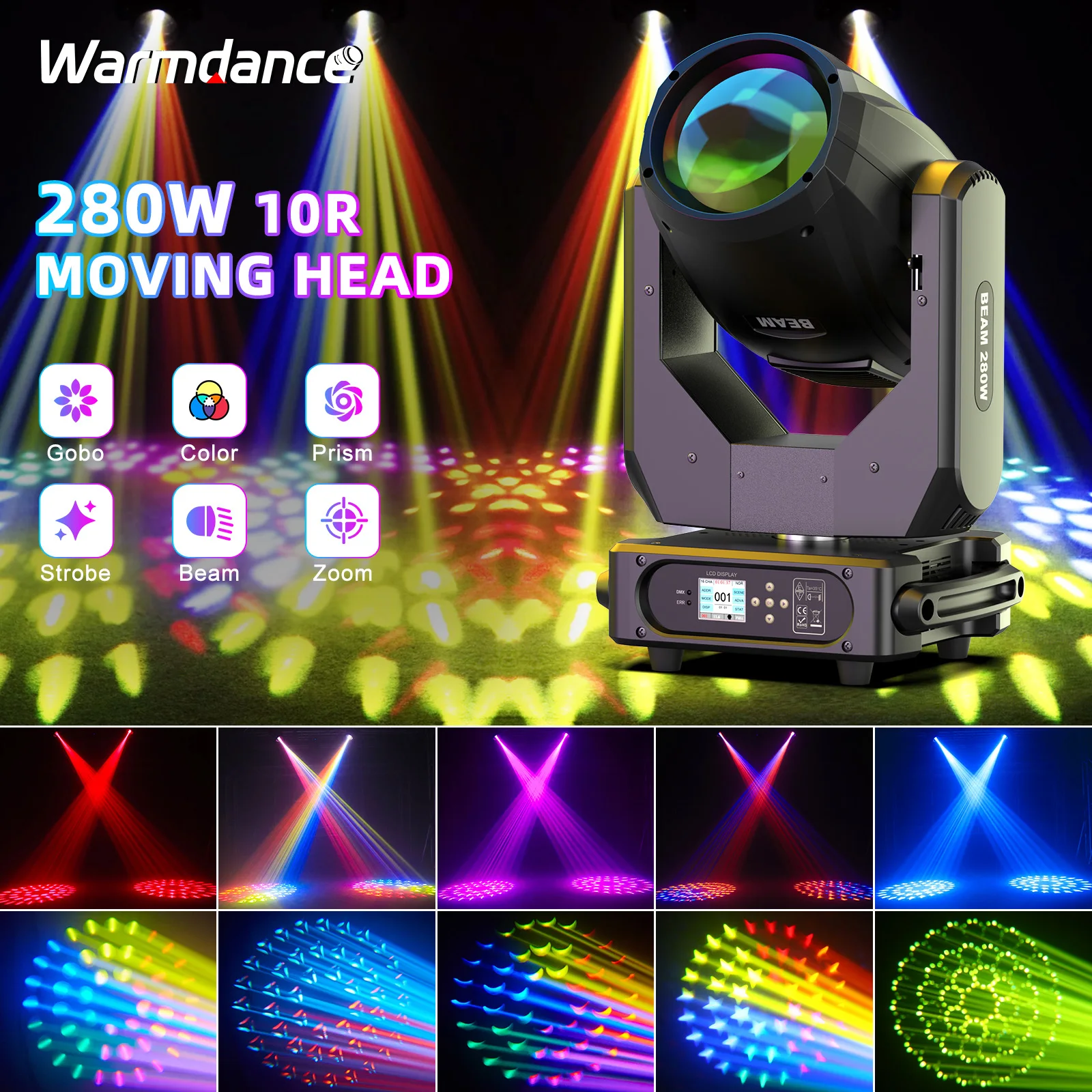

280W 10R Moving Head Light Beam 17 Gobos 14 Colors Rainbow Effect Light DMX Stage Lighting Projector for DJ Disco Party Birthday