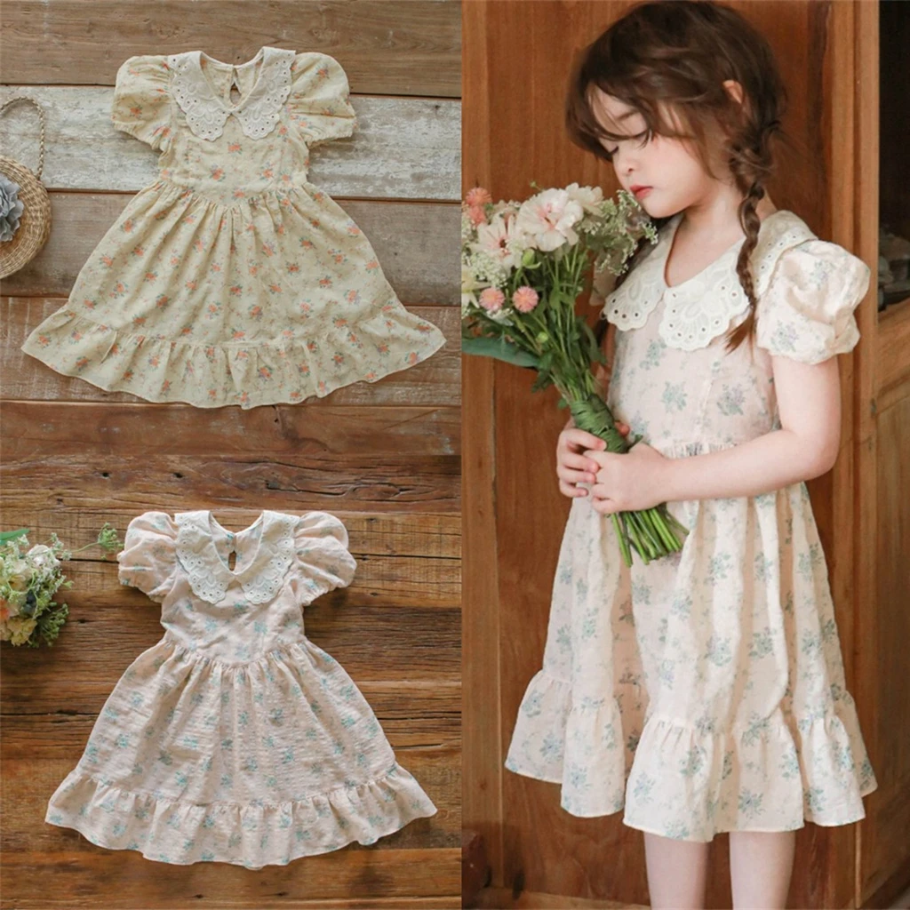 Summer 2026 Children's Clothes Girls Fashionable Floral Embroidery Stand Collar Bubble Short Sleeve Dress in Stock