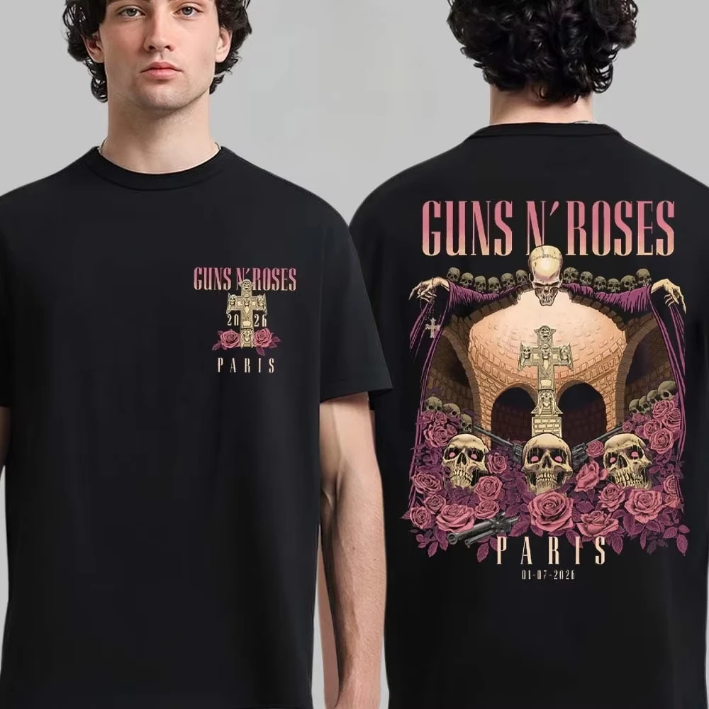 2026 Guns N Roses Paris Tour Skeleton Graphics Shirt Men's 100%Cotton Y2k Rock Retro Hip Hop Women's Oversize Breathable Tshirt