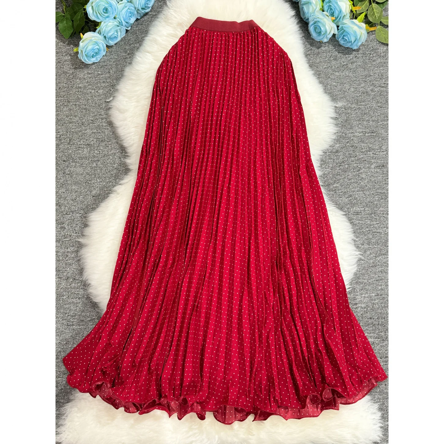 Polka Dot Pleated Long Skirt Women Spring Summer Autumn Fashion High Waisted Dance Party Beach Long Skirt