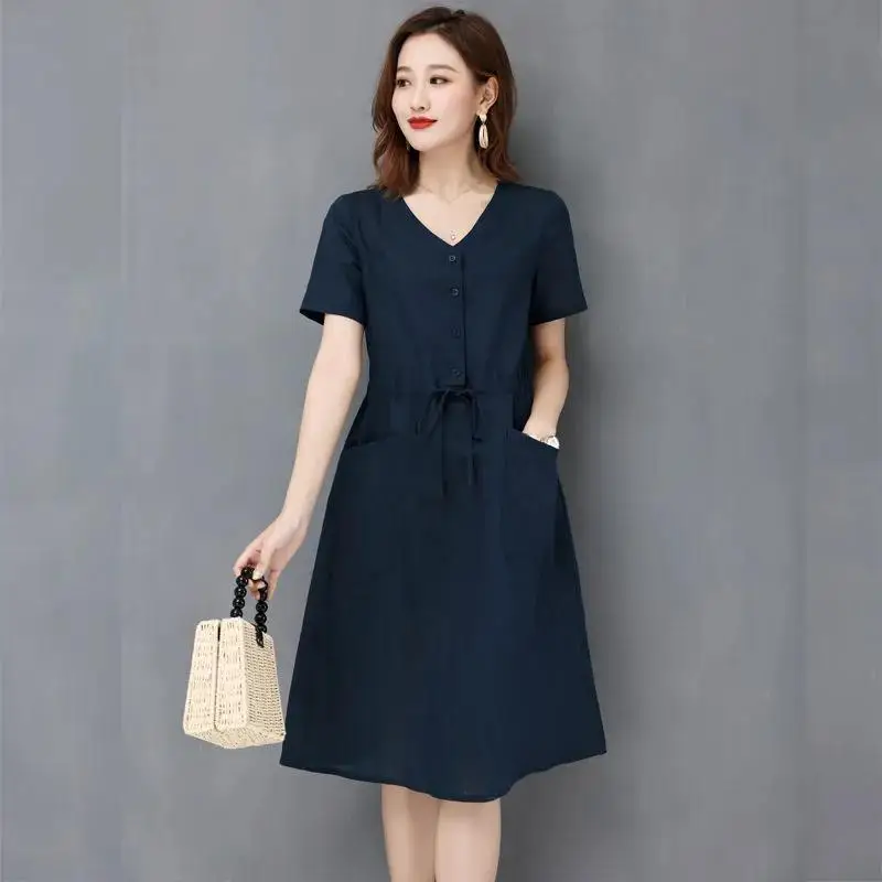 Women's Clothing Korean Elegant Loose Simplicity Intellectual Fashion Round Neck Casual Short Sleeve Pockets Drawstring Dresses