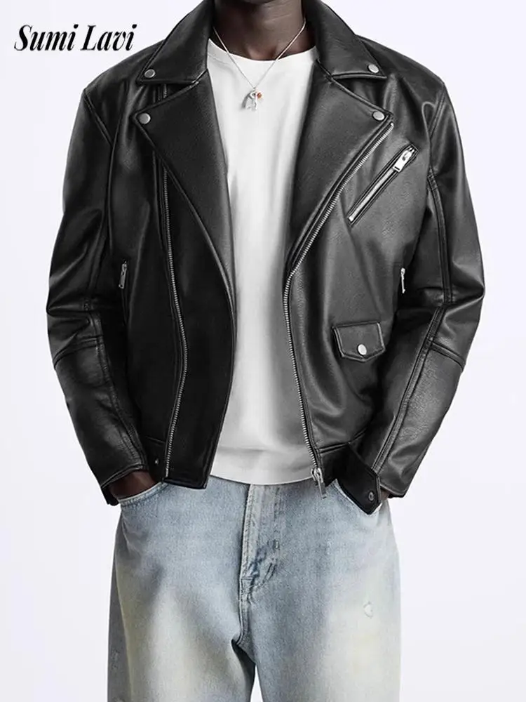 Daily Casual Lapel Outerwear Mens Vintage Zip-up PU Leather Long Sleeve Coats Men 2026 Autumn Winter Solid Color Jackets