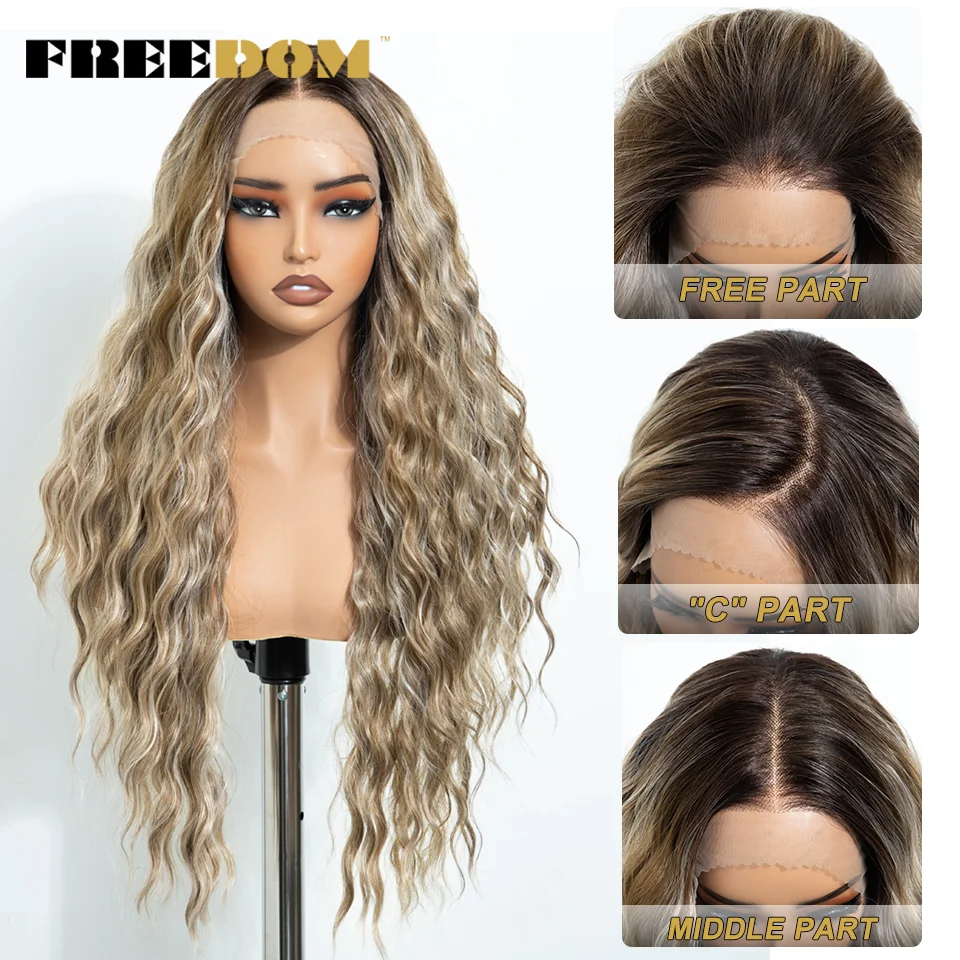 FREEDOM Synthetische Lace-Front-Perücken für Frauen, 13 x 4 lockige Spitzenperücke, Ombre-Braun, vorgezupft, vorgeschnitten, Wear And Go, leimlose Spitzenperücken