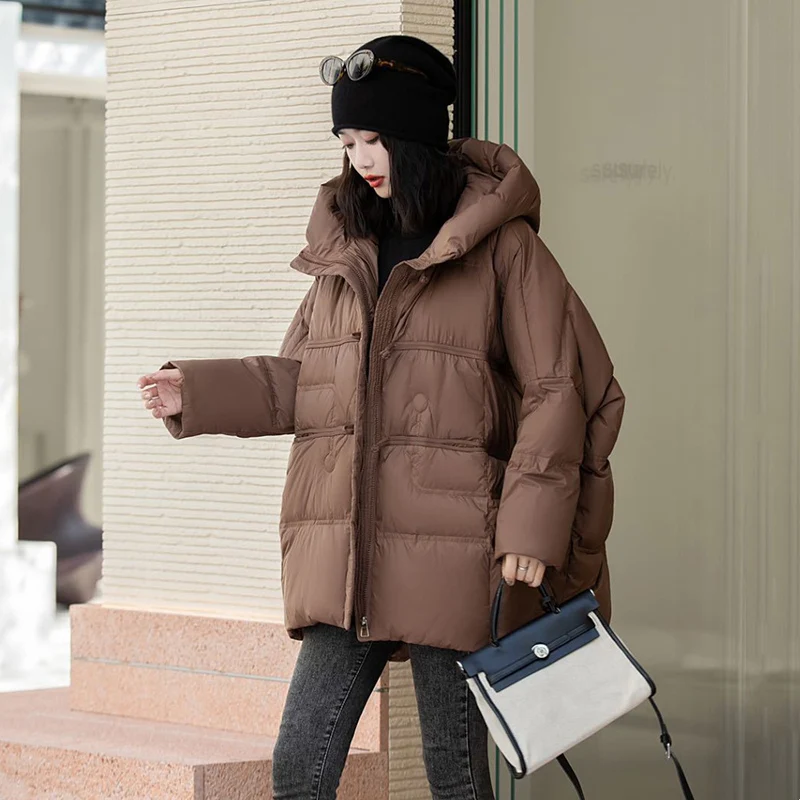 

2026 New Sp[ring Autumn Winter Women Down Jacket Casual Over Size Outwear With Hood Warm White Duck Down Vintage Coat