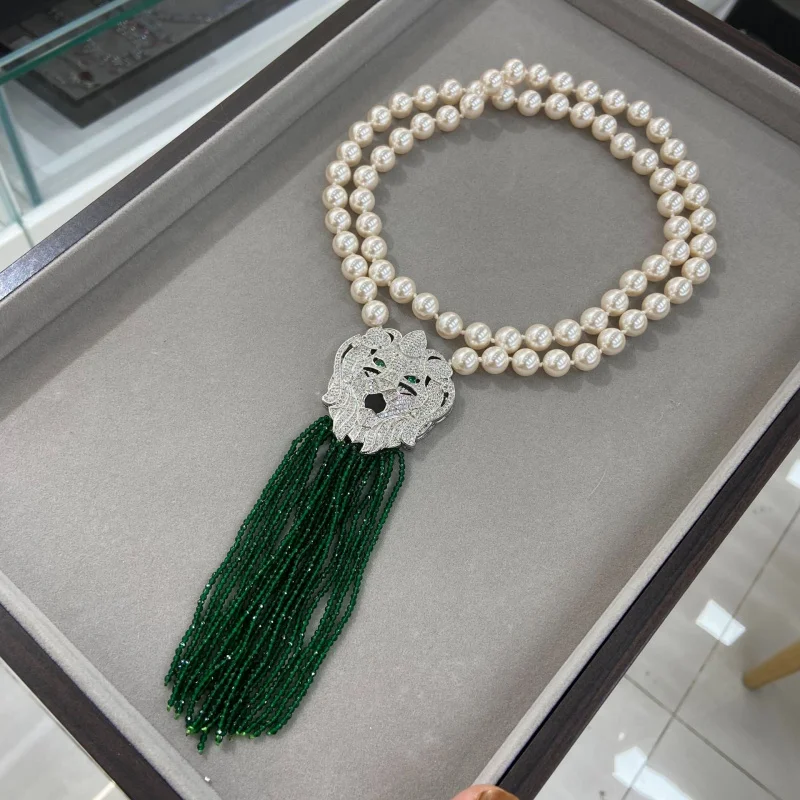 

chic 10M Statement Pearl Necklace with Lion Head Charm and Green Tassel for Women luxury jewelry