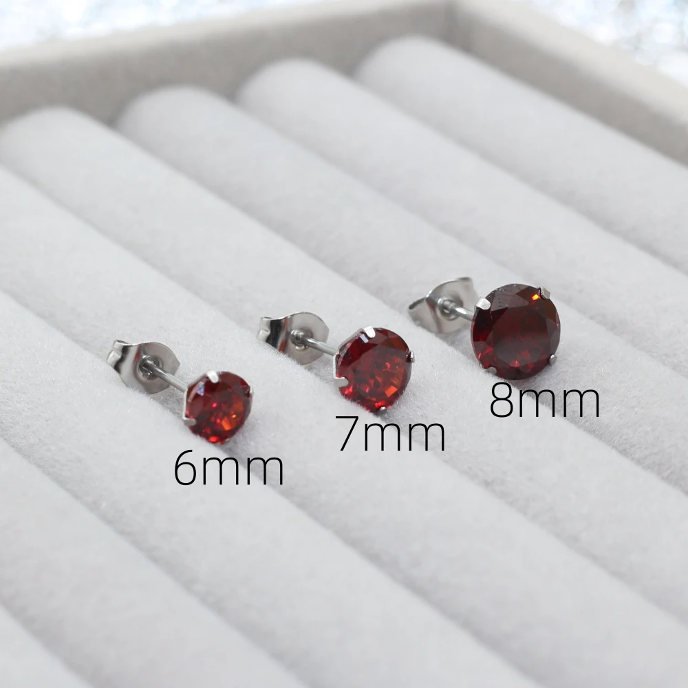 6 7 8mm Round Promegranate Red AAA Zircons Stainless Stell Stud Earrings Golden IP Plating No Fade Allergy Free