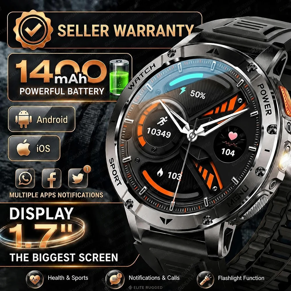 New TANK Ultra 1400mAh Battery Smart Watch 1.7" HD AMOLED LED Flashlight 10ATM Waterproof Heart Rate Bluetooth Call Smartwatches