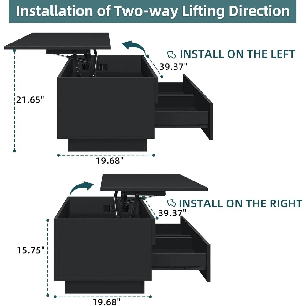Mesa de centro elevable de 40 pulgadas para sala de estar, mesas de centro negras con almacenamiento, mesa de centro moderna LED rectangular negra G