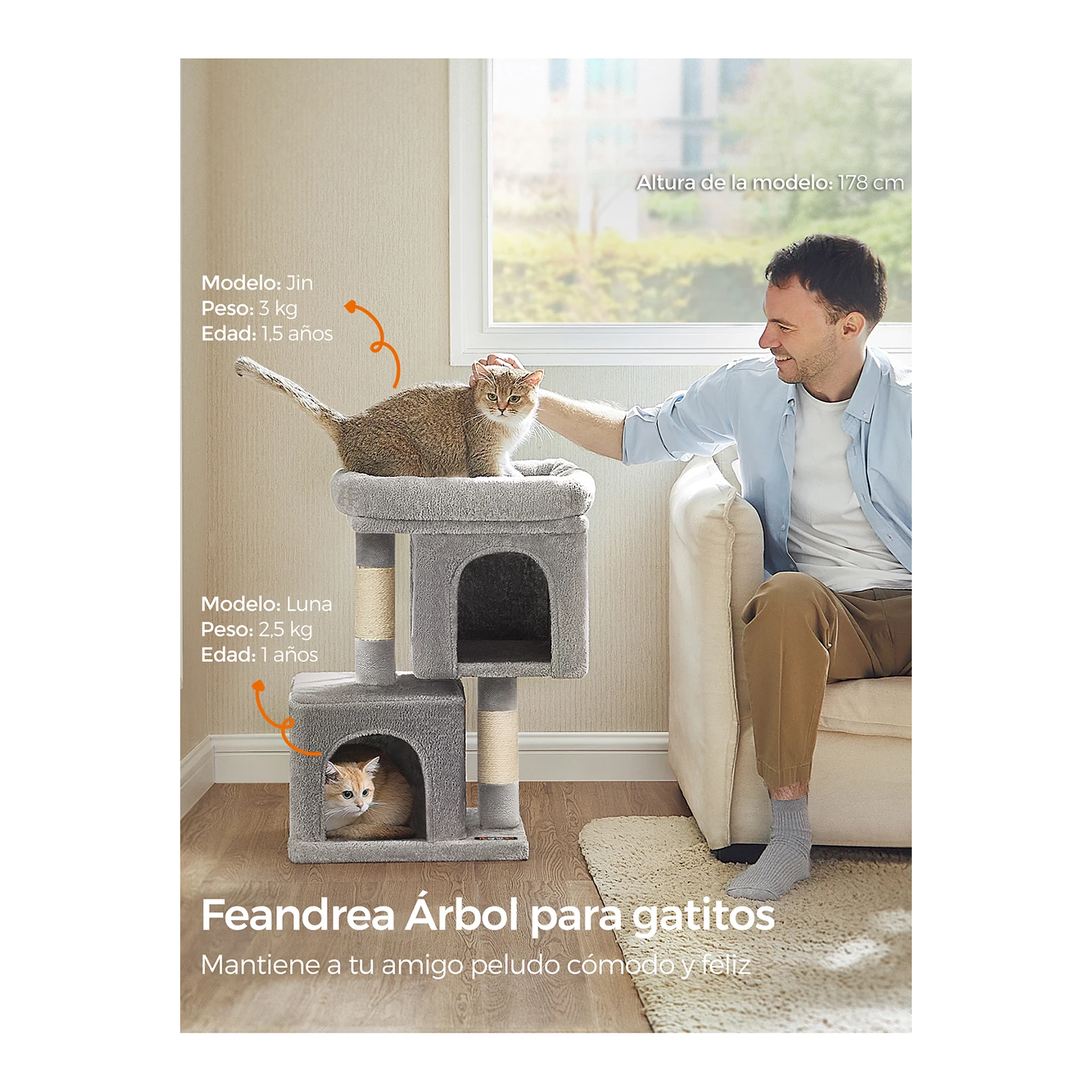 Feandrea S Cat Tree: 67cm tower for kittens up to 3kg, with perch, 2 caves, scratching post, Smoky Grey.