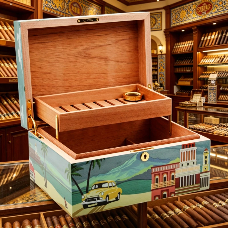 50-80 Capacity Vintage Car Art Wooden Cigar Humidor Digital Hygrometer Display Creative Design Storage Box