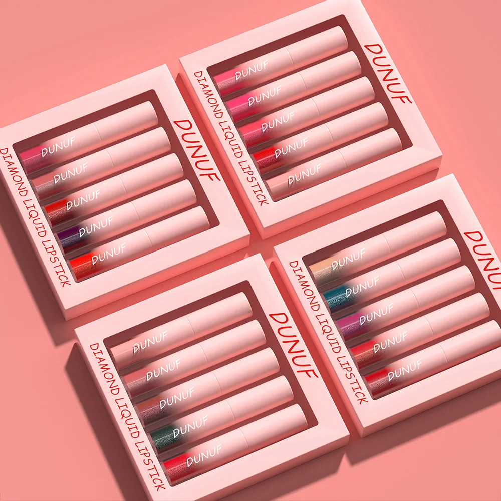 リキッドリップスティックセット,ダイヤモンドグリッター,長持ち,ノンスティック,メタリックグリマー,マット,フルカラー,着色リップ,5個